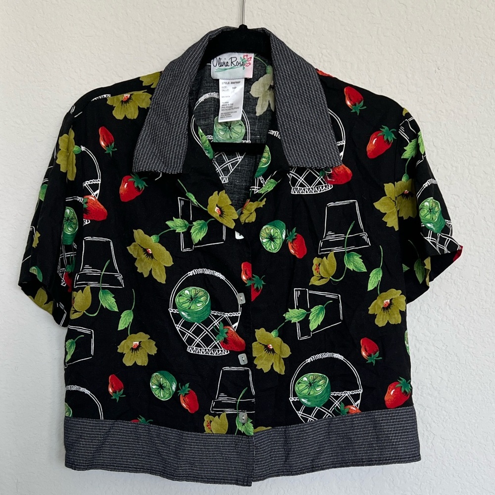 Vintage Olivia Rose Black Fruit Citrus Floral Button Down Cropped Collared Shirt